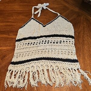 Crochet Halter Top w/ Fringe Boho Bohemian Festival Beach Surfer Med BNWOT Soft